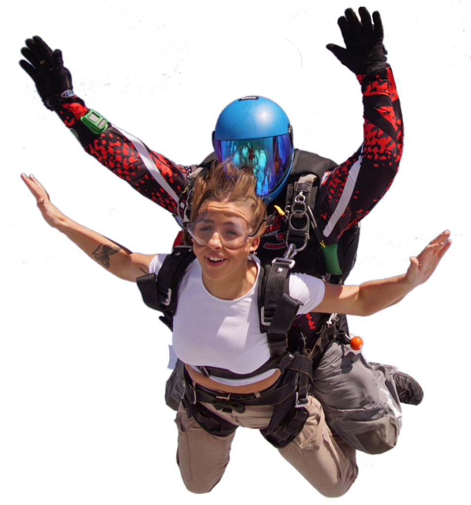 Tandem skydiver in freefall during a Sheffield skydiving experience